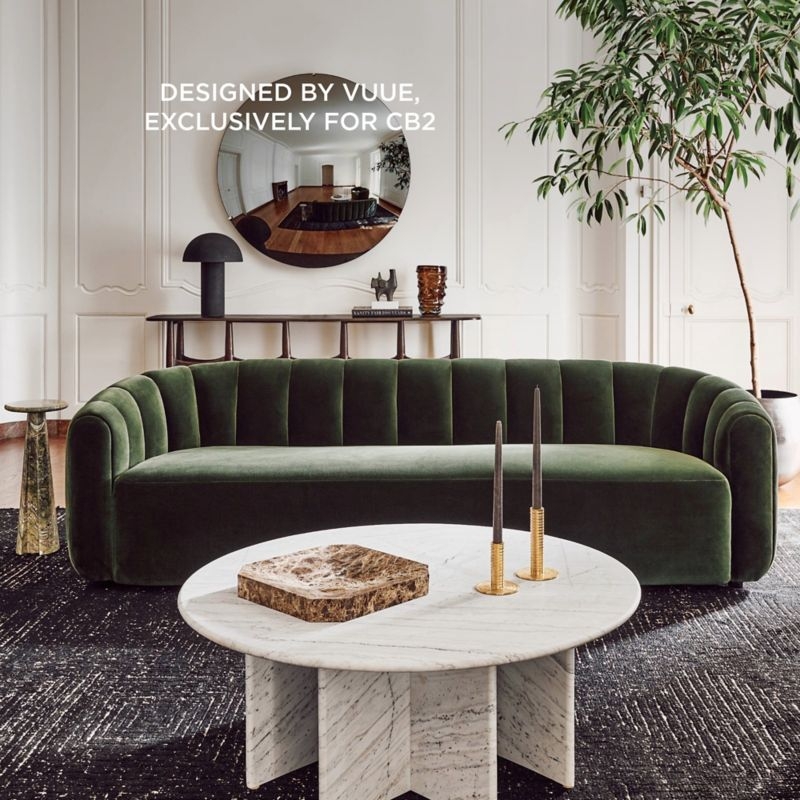 Sculptural Curved Sofa with Vertical Channeling in Forest Green Velvet