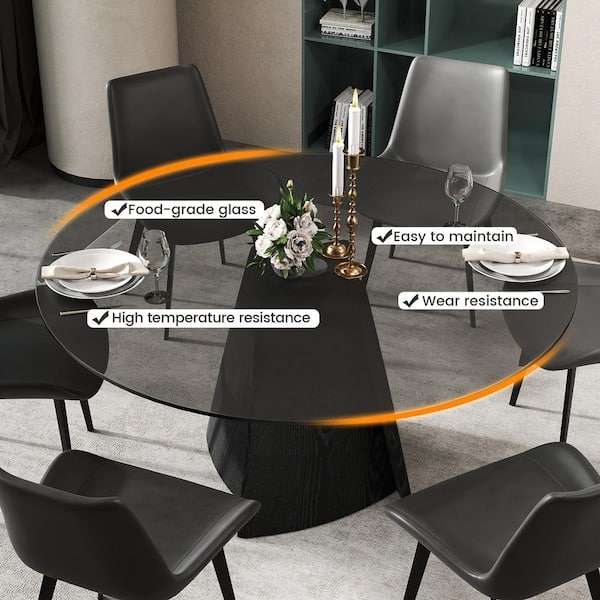 Sculptural Pedestal Base Round Dining Table Black Tempered Glass
