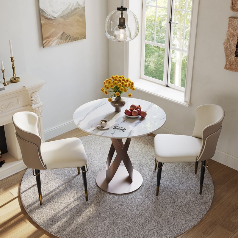 Sculptural Pedestal Dining Table Set with Twisted Base and Marble Top.