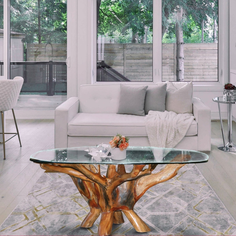 Sculptural Root Base Coffee Table with Round Glass Top