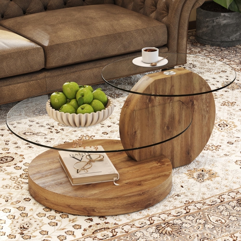 Sculptural Two-Tier Glass Coffee Table with Geometric Wood Base