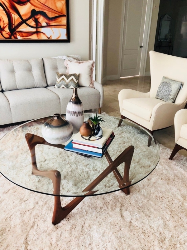 Sculptural Wood Base Table, Round Glass Top with Geometric Frame