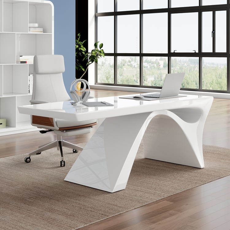 Sculptural Writing Desk White Glossy Arched Base High Back Chair