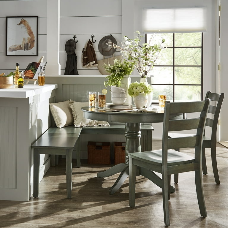 Sea Green Breakfast Nook Set with Corner Bench and Round Pedestal Table.