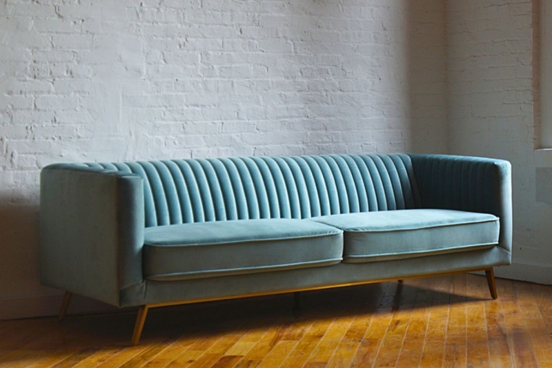 Seafoam Velvet Sofa, Channel Tufted, Gold Legs, Glam Style