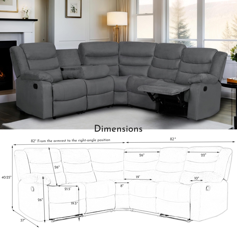 Sectional Recliner Tufted Back Grey Reclining Sectional Cup Holders