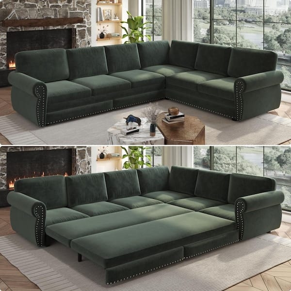 Sectional Sleeper Sofa Dark Green Chenille Nailhead Trim