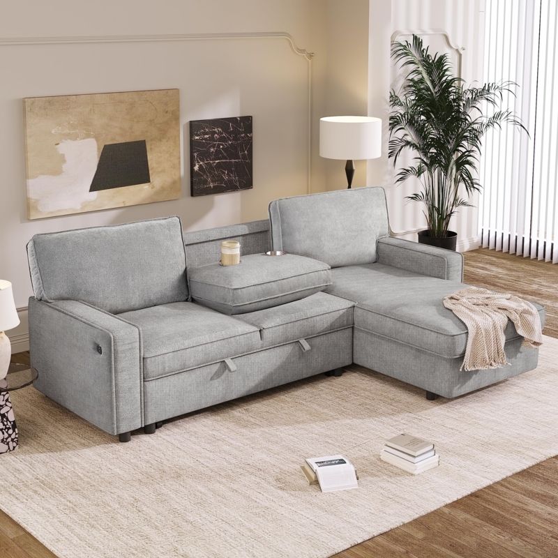 Sectional Sleeper Sofa Fold Down Console USB Ports Cup Holders