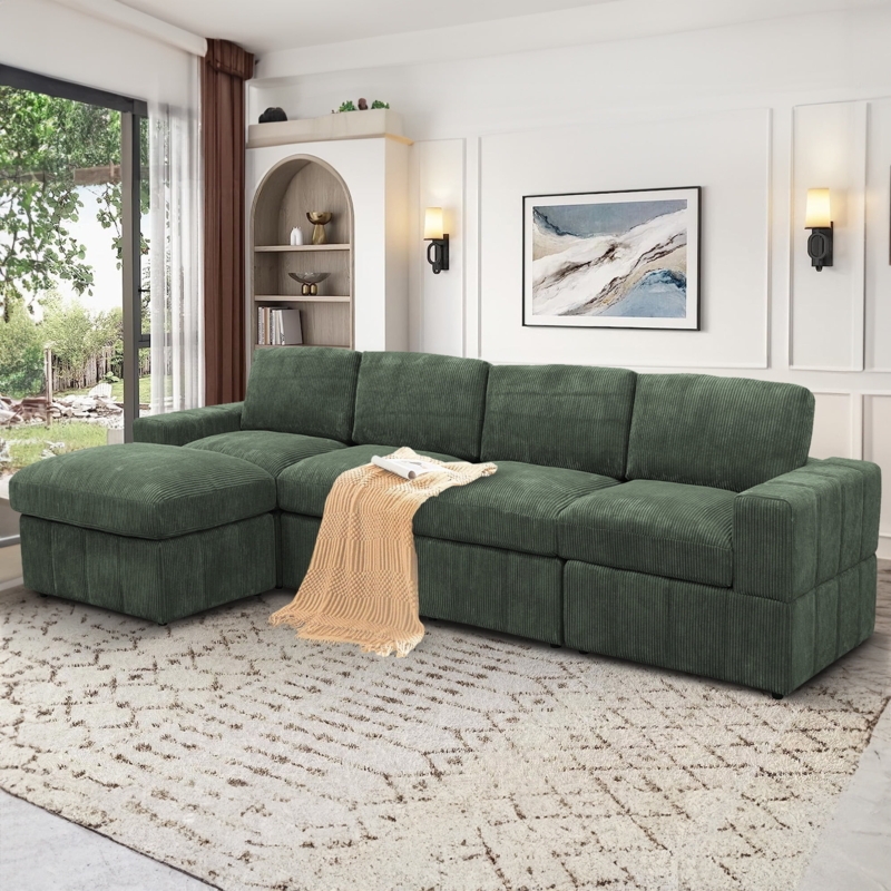 Sectional Sofa 132 Inch Width Forest Green Corduroy Oversized