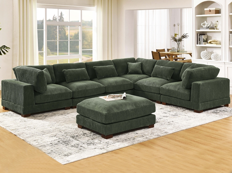 Sectional Sofa 7 Seat Capacity Green Corduroy Corner Modular