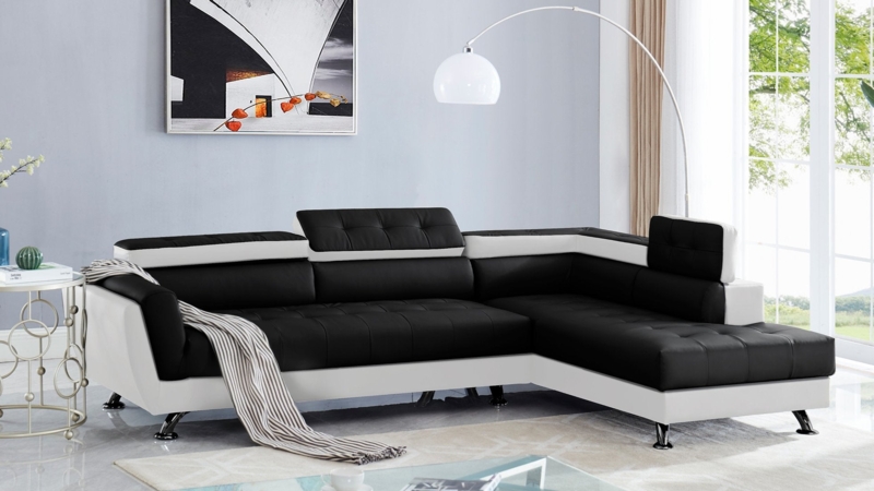 Sectional Sofa Adjustable Headrests Black White Tufted