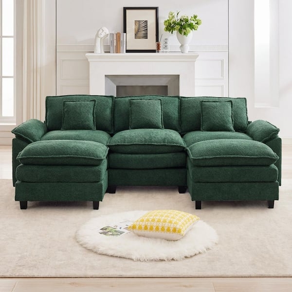 Sectional Sofa Avocado Green Chenille U-Shaped Modular