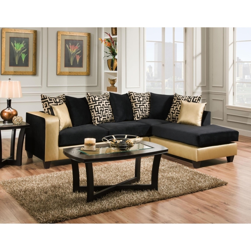 Sectional Sofa Black and Gold Two-Tone Microfiber Geometric Pillows