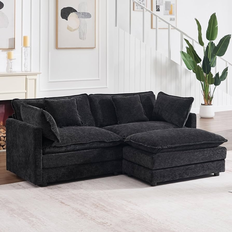 Sectional Sofa, Black Chenille Cloud Style, Pillowed Back, Small Space