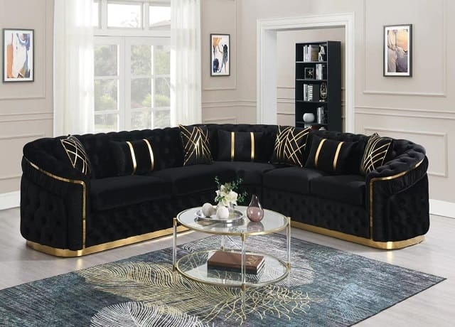 Sectional Sofa Black Velvet Button Tufted Metal Base