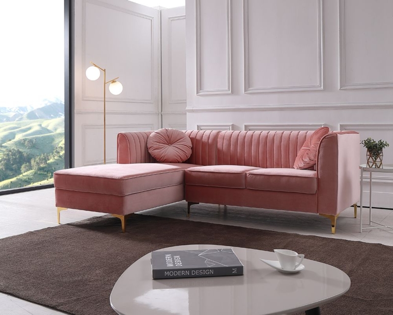 Sectional Sofa Blush Pink Velvet Vertical Channel Tufting Gold Legs
