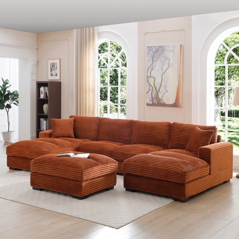 Sectional Sofa Burnt Orange Corduroy U-Shaped Double Chaise