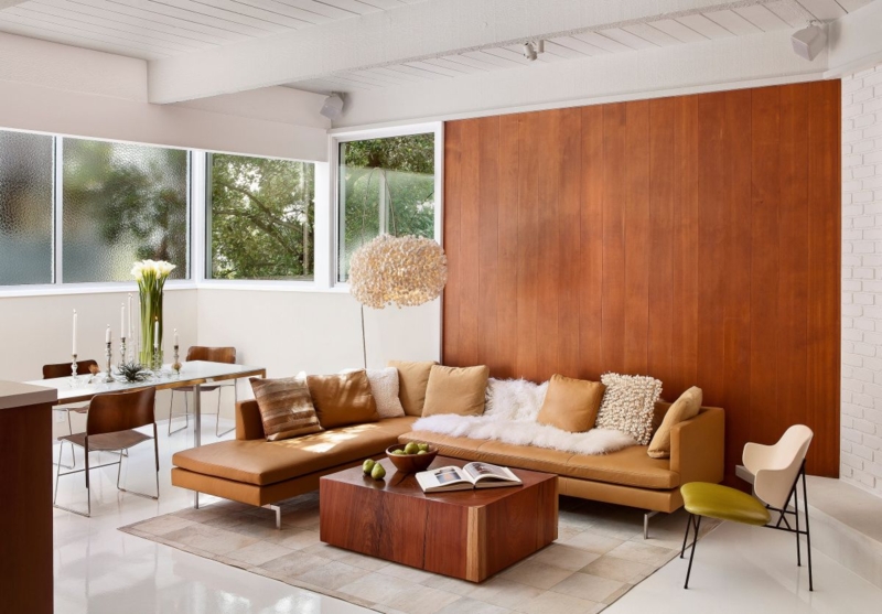 Sectional Sofa Camel Leather Like L-Shaped Metal Legs Mid Century
