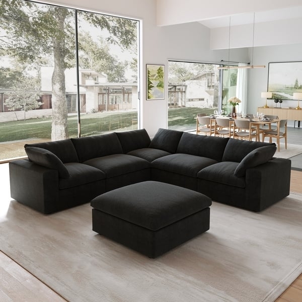 Sectional Sofa, Charcoal Black Overstuffed with Matching Square Ottoman