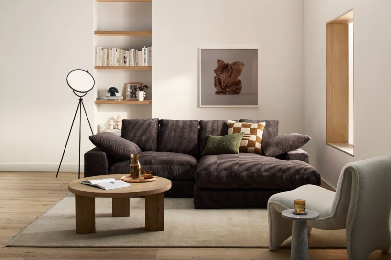 Sectional Sofa Charcoal Corduroy Ribbing Chunky Wood Legs Modern