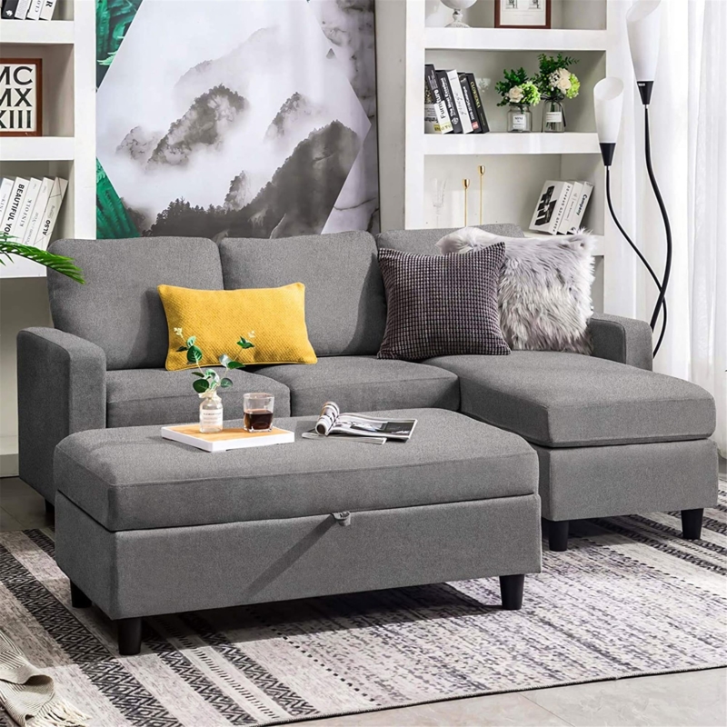 Sectional Sofa Charcoal Grey with Storage Ottoman Tapered Legs
