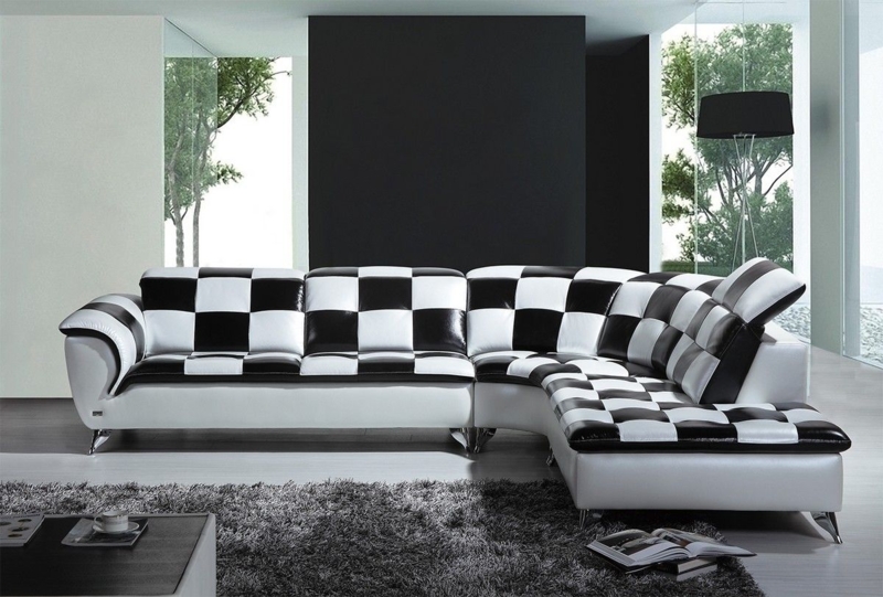 Sectional Sofa Checkerboard Pattern Faux Leather Metal