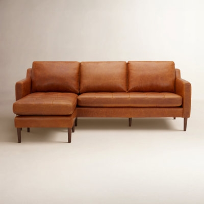 Sectional Sofa Cognac Faux Leather Tapered Wood Base Mid-Century