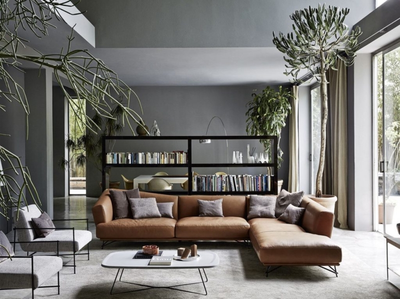 Sectional Sofa Cognac L-Shaped Modern Grey Living Room Ideas