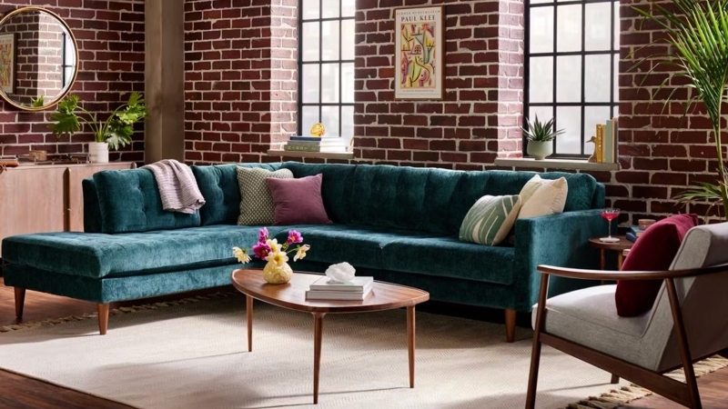 Sectional Sofa Cognac Leather Like Grid Tufted Tapered Wood Legs
