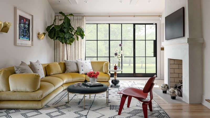 Sectional Sofa Curved Mustard Velvet Low Profile Design