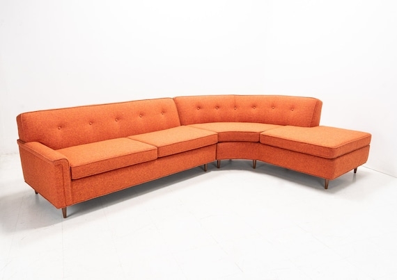 Sectional Sofa Curved Orange Button Tufting Tapered Legs Textured