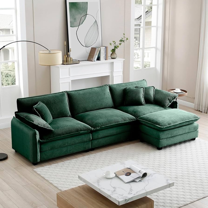 Sectional Sofa Dark Green Corduroy L-Shaped Deep Seat