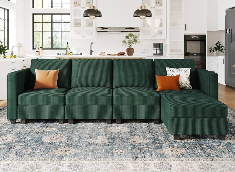 Sectional Sofa Dark Green Corduroy L-Shaped Modular Chaise