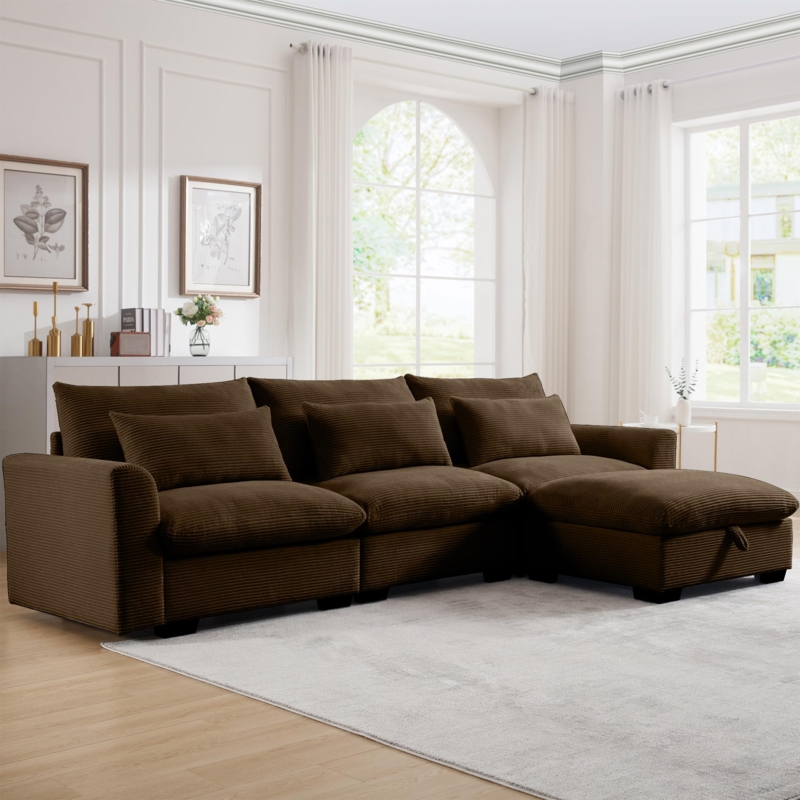 Sectional Sofa Deep Cocoa Brown Corduroy Oversized with Ottoman