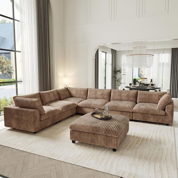 Sectional Sofa Deep Seat Velvet Brown Square Arms