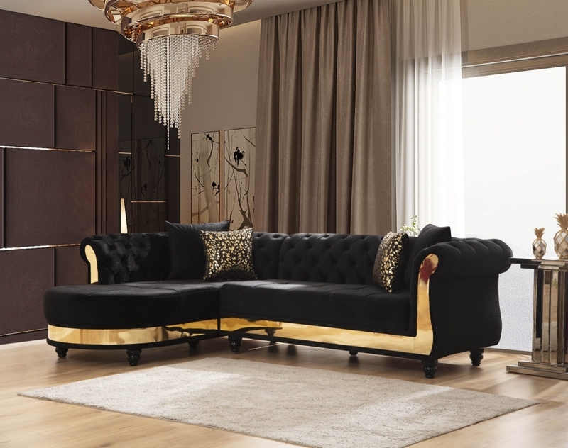 Sectional Sofa Deep Tufting Gold Metallic Base Chaise Lounge