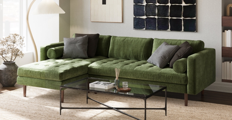 Sectional Sofa Distressed Green Velvet Left-Facing Chaise with Bolsters
