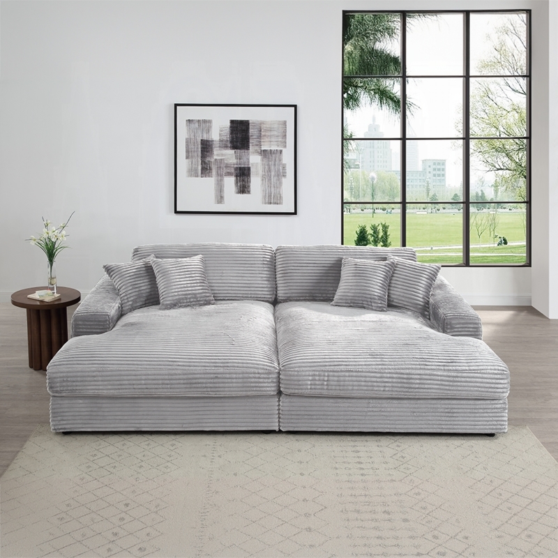 Sectional Sofa Double Chaise Light Grey Corduroy Extra Deep Seat