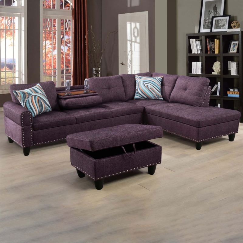 Sectional Sofa Drop Down Cup Holder Purple Linen Fabric Silver Nailhead