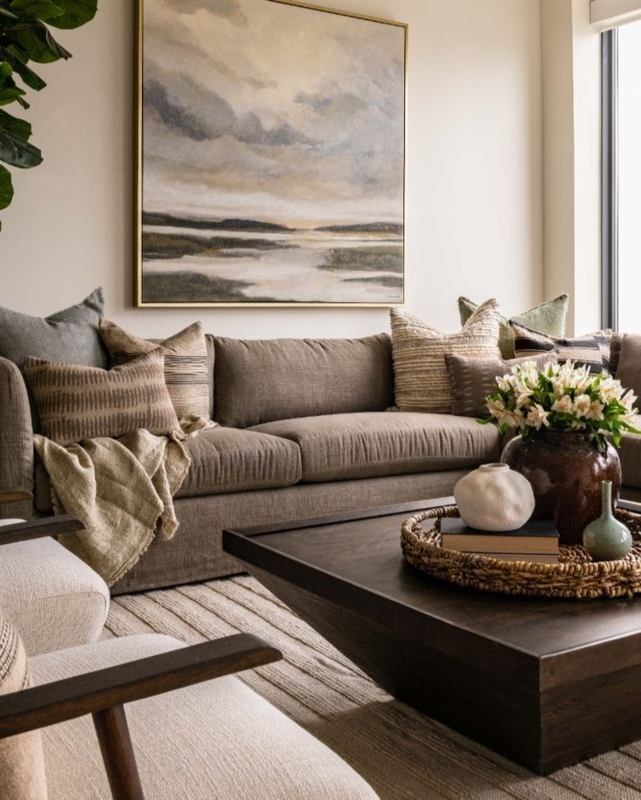 Sectional Sofa Earth Toned Box Cushions Landscape Art