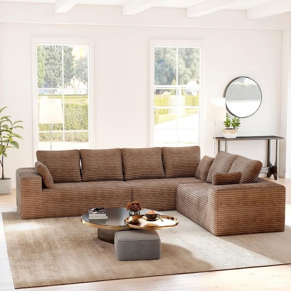 Sectional Sofa Earthy Brown Wide Ribbed Corduroy Boneless L-Shaped
