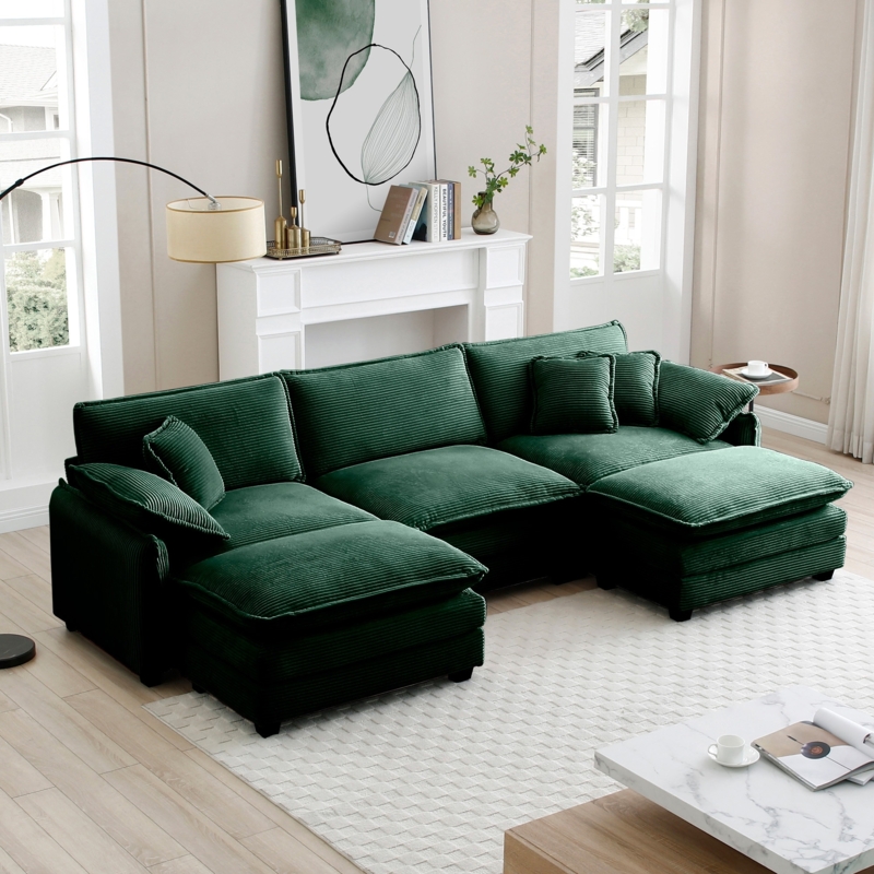 Sectional Sofa Emerald Green Corduroy U-Shaped Modular Ottomans