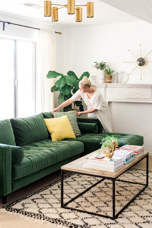 Sectional Sofa Emerald Green Velvet Tufted Seat with Bolster Pillows.