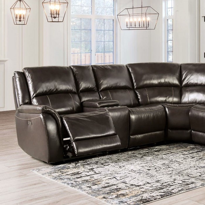 Sectional Sofa Espresso Brown Contrast Stitching, Power Recliner Console