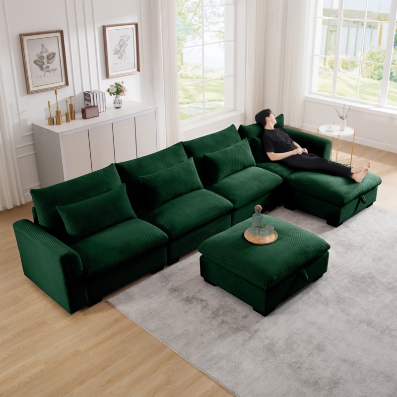 Sectional Sofa Forest Green Corduroy U-Shaped Modular