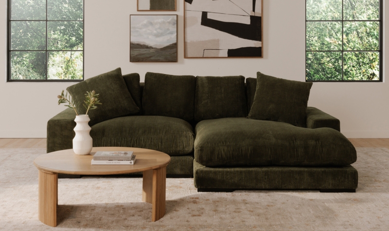 Sectional Sofa Forest Green Corduroy with Chaise Lounge Deep Seating