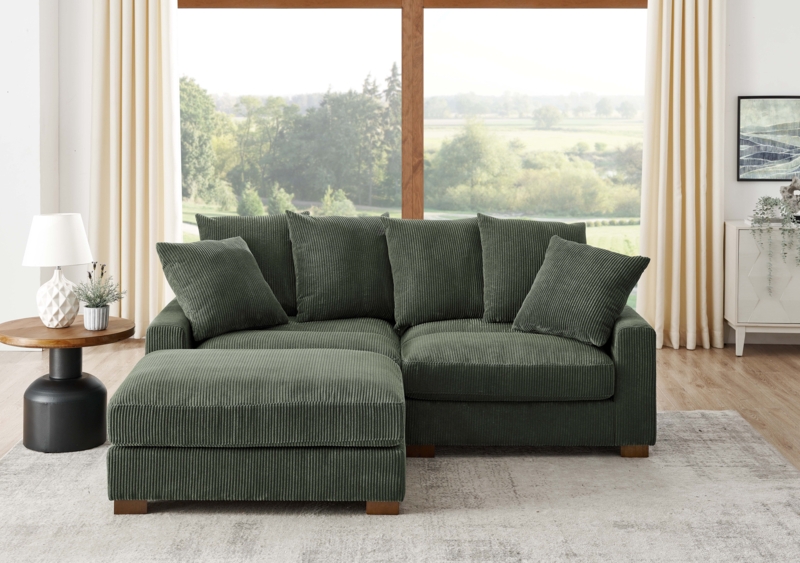 Sectional Sofa Forest Green Corduroy Wood Block Legs with Ottoman