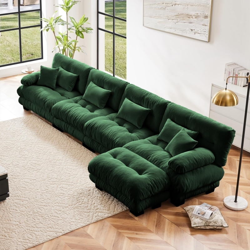 Sectional Sofa Forest Green Plush L-Shaped Cloud Couch