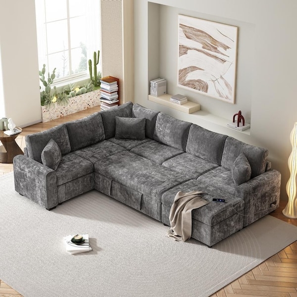 Sectional Sofa Gray Chenille Sleeper Feature Storage Ottoman
