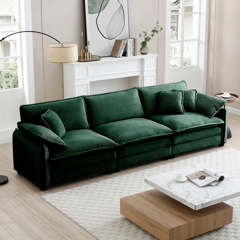 Sectional Sofa, Green Corduroy, Modular, Low Profile, Ribbed